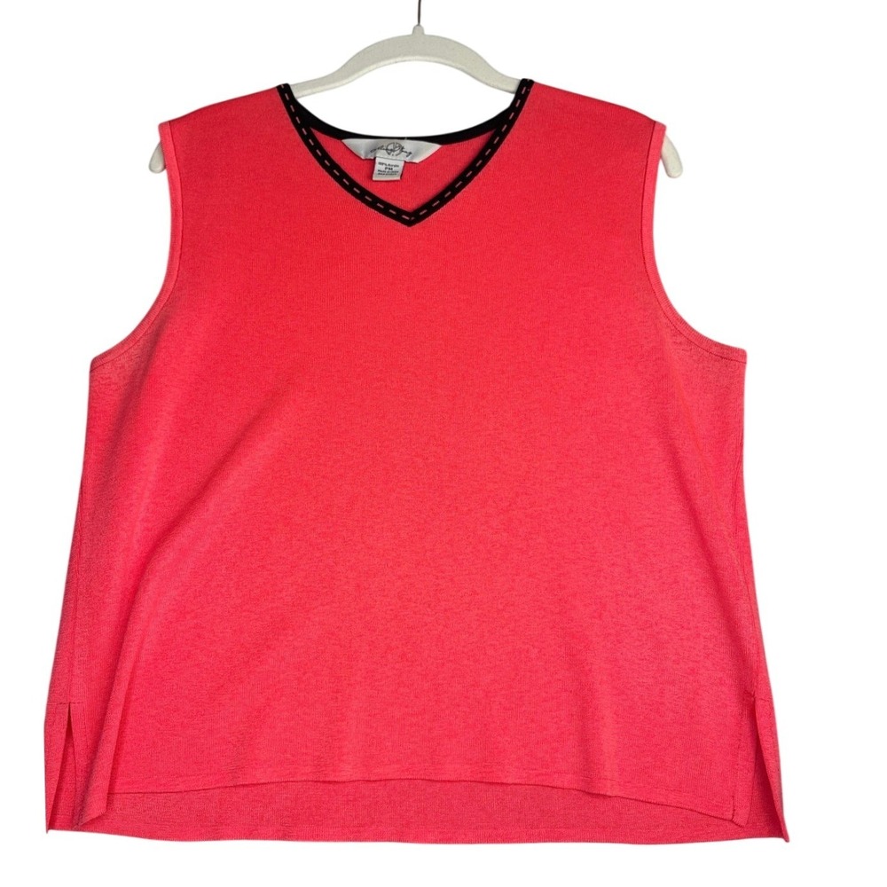 Ming Wang Coral Med Pet. Acrylic v-neck sweater top, sleeveless, summer, spring